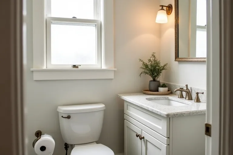 A compact powder room where layout and finishes may justify a bigger refresh