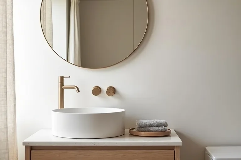 A small powder room styled with neutral finishes, a round mirror, and a simple countertop tray for a balanced, finished look.
