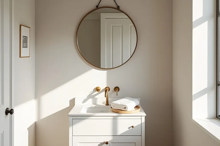 A powder room with soft neutral walls and simple finishes that make the space feel calmer and more complete.