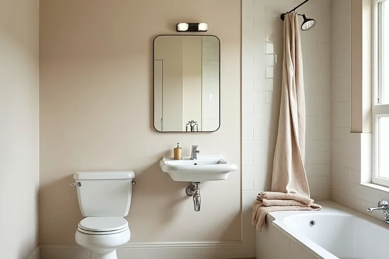 A calm, bright bathroom with soft neutral painted walls, white fixtures, and simple lived-in styling.
