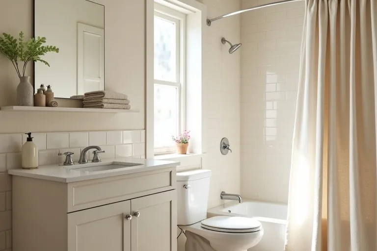 A bathroom with calm painted walls, a neutral shower curtain, and simple storage that supports the overall color choice.