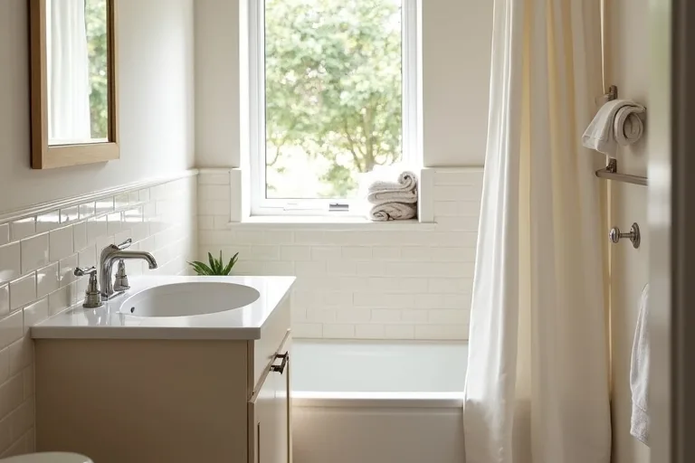Bathroom walls in a soft neutral color paired with tile, vanity, and simple bathroom styling.