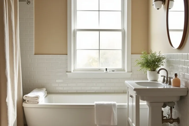 A small bathroom showing soft wall paint working with white fixtures and natural daylight.