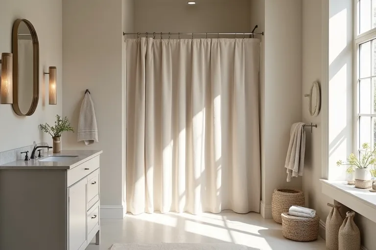 A softly painted bathroom with a simple vanity and muted neutral walls.