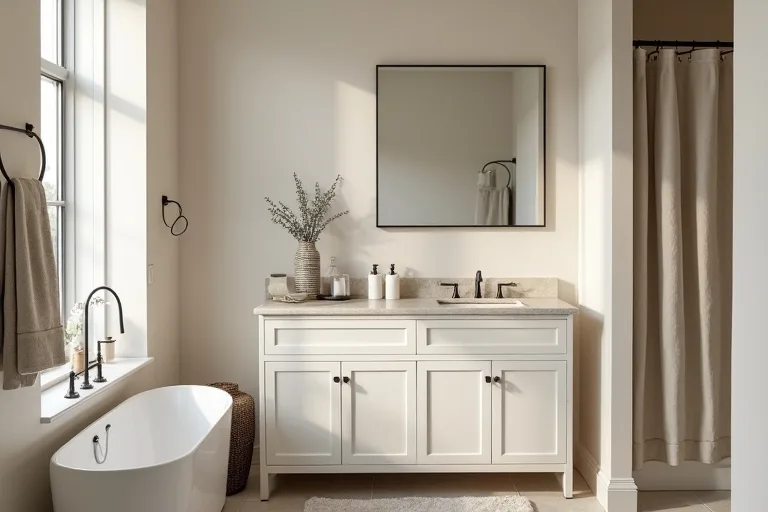 A calm bathroom with soft neutral paint, a fabric shower curtain, and simple textured styling.