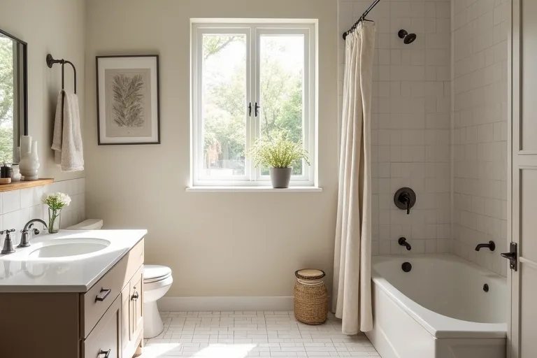 A bathroom with balanced lighting, soft neutral walls, and understated fixtures.