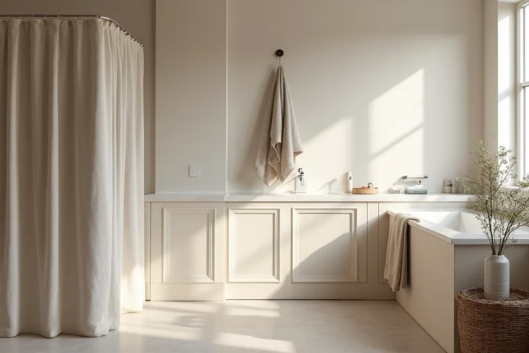 A tidy bathroom with soft textures, a neutral shower curtain, and a calm finished look.
