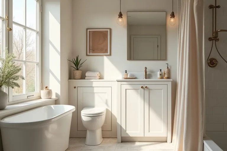 A calm bathroom with muted neutral painted walls, soft daylight, and a neutral fabric shower curtain.