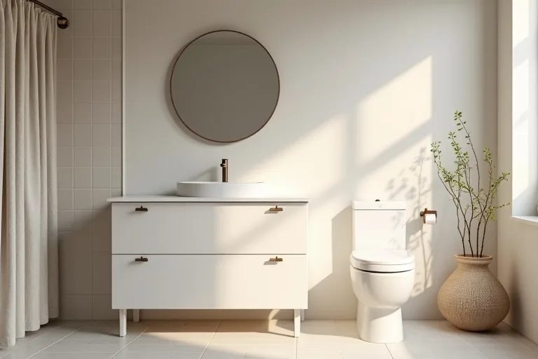 Bathroom walls in muted paint with daylight shifting across the room and a simple vanity.