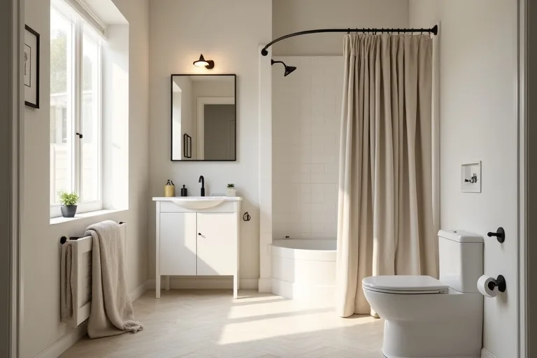 Muted bathroom paint working with a neutral shower curtain and simple storage in a calm practical space.
