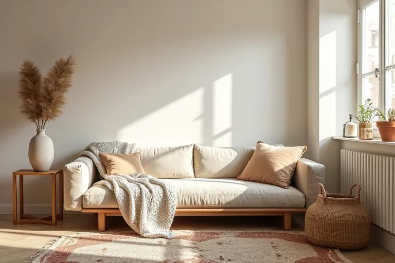 Boho living room details with natural textures, woven accents, and a calm neutral base