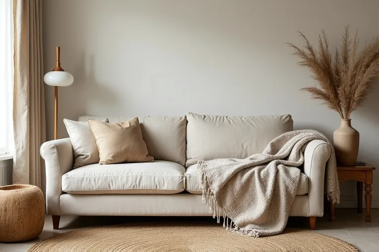 A calm boho living room with a neutral sofa, woven textures, a ceramic vase set, and a neutral throw blanket