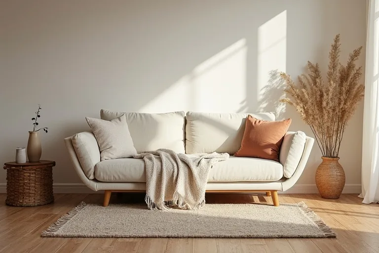 Boho room layout with clear walking space, layered rug, and practical seating arrangement