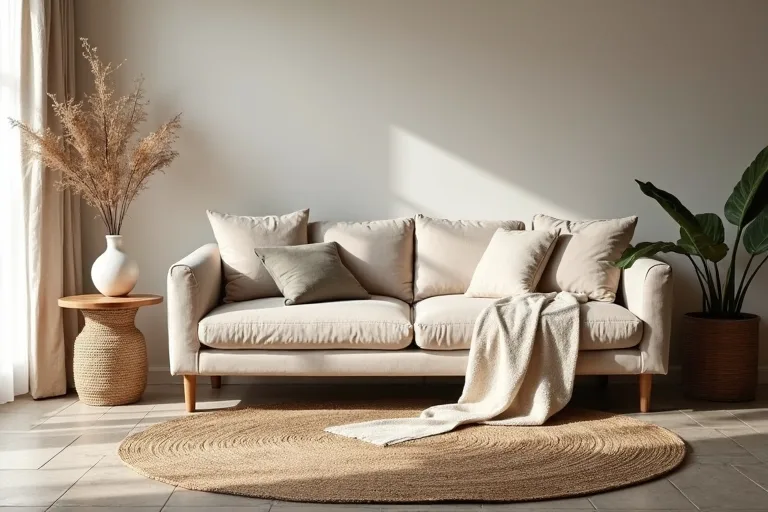 A calm boho bedroom-style setup with layered textiles and a simple, practical finish