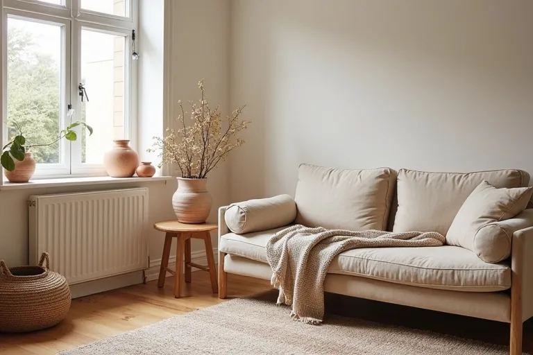Calm boho living room with a neutral sofa, textured throw blanket, ceramic vase set, and practical layered styling