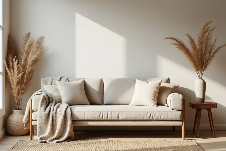A boho room with layered natural textures and a simple, grounded furniture base