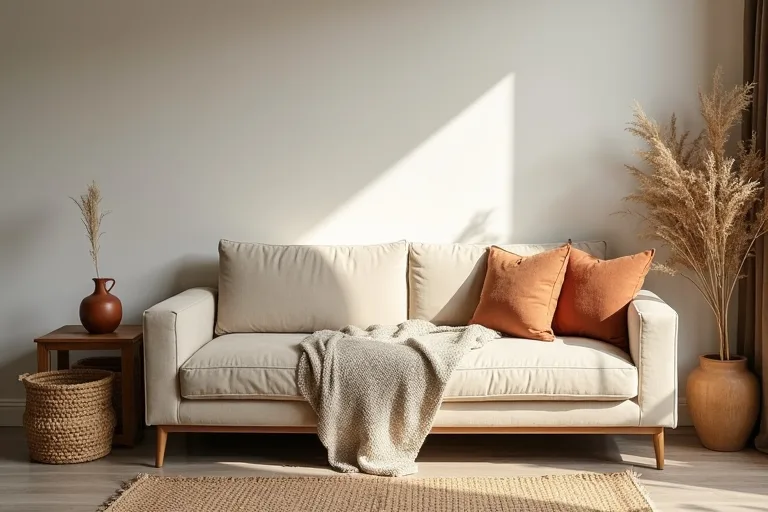 Boho styling with a neutral throw blanket, ceramic vase set, and earthy layered textiles