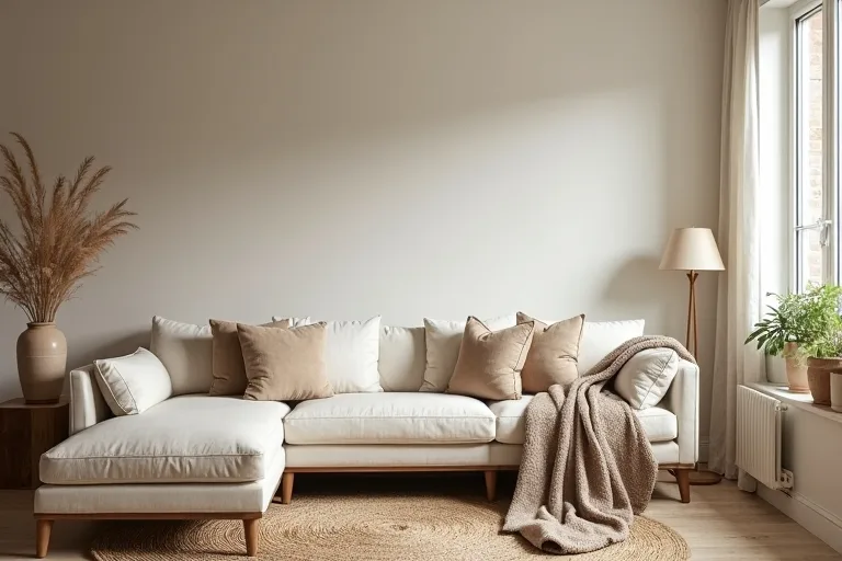Neutral boho styling with a woven rug, linen cushions, and a simple ceramic accent