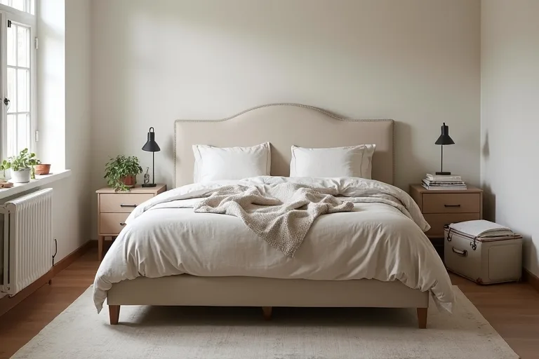 A calm guest bedroom with a queen upholstered platform bed, neutral bedding, bedside lamp, and simple practical styling.