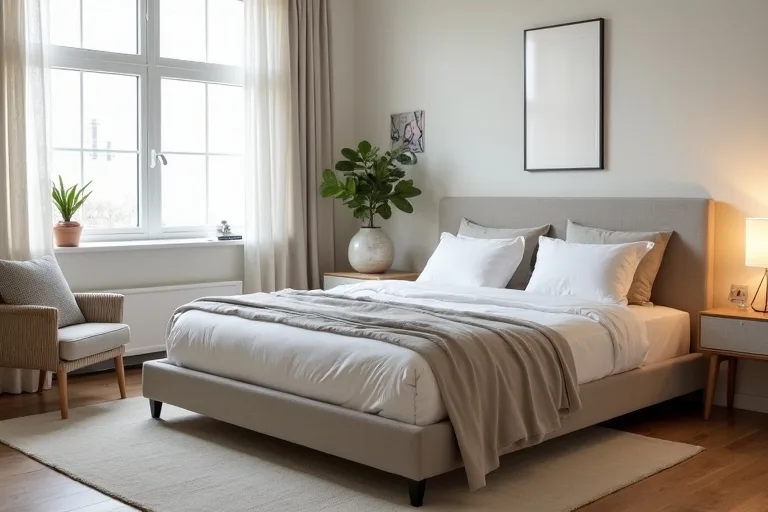 A simple guest bedroom layout with a neatly made bed, bedside lamp, and minimal storage kept tidy.