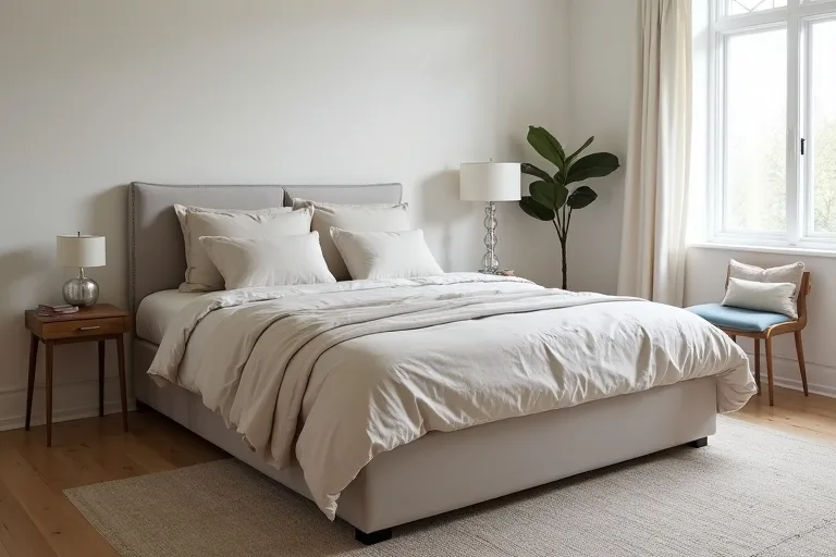 Neutral guest room bedding and a practical bed frame that create a simple budget-friendly refresh.