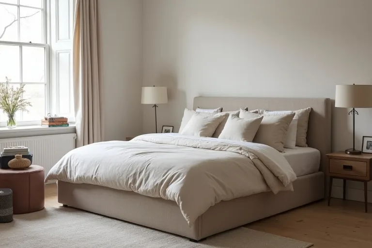 A practical guest bedroom layout with a queen bed, bedside table, and enough open floor space for luggage and easy movement.