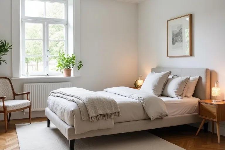 A calm guest bedroom with a neutral upholstered bed frame and simple bedding, styled as a practical budget-friendly refresh.