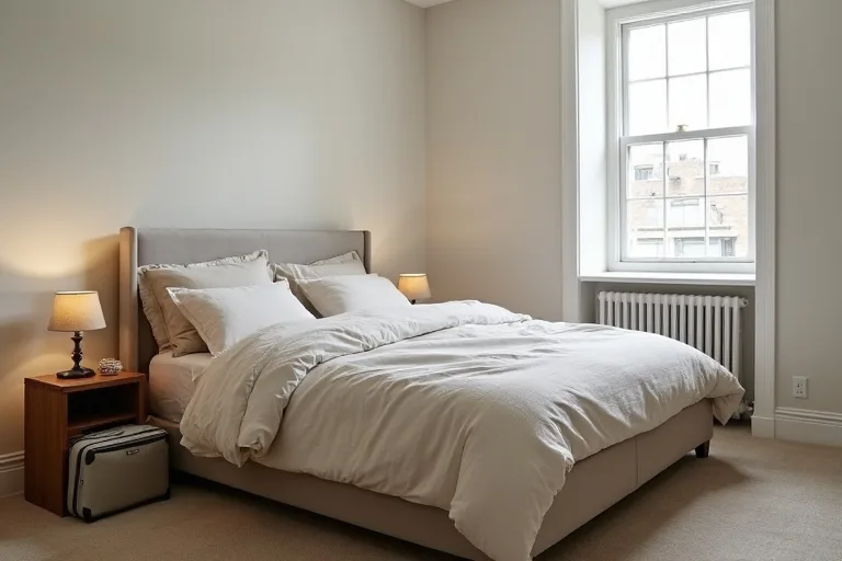A guest bedroom bed dressed in neutral bedding with a simple upholstered headboard and soft, practical styling.