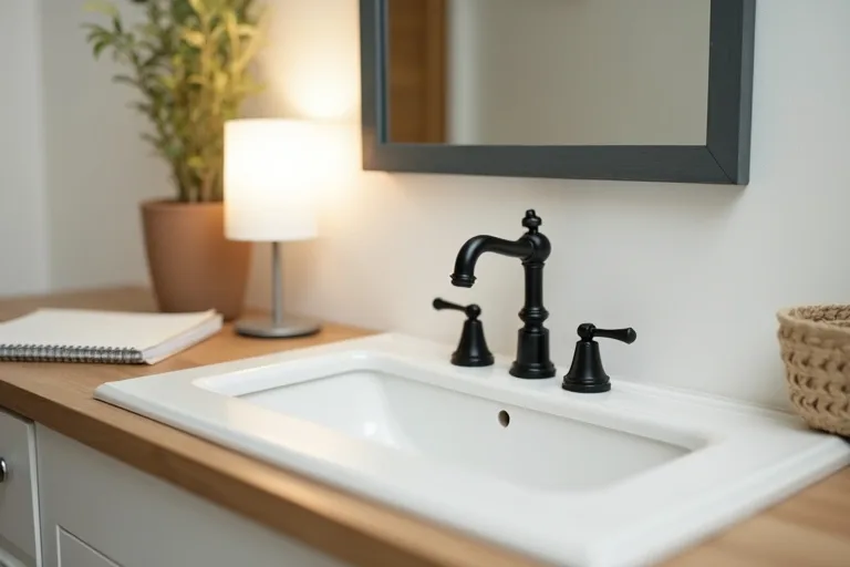 A calm, lived-in bathroom or kitchen scene showing fixture upgrade planning with matte black pulls and a modern LED vanity light.