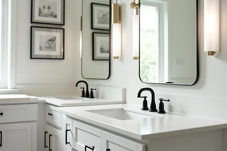 A calm bathroom or kitchen interior with updated matte black hardware and a modern LED light fixture