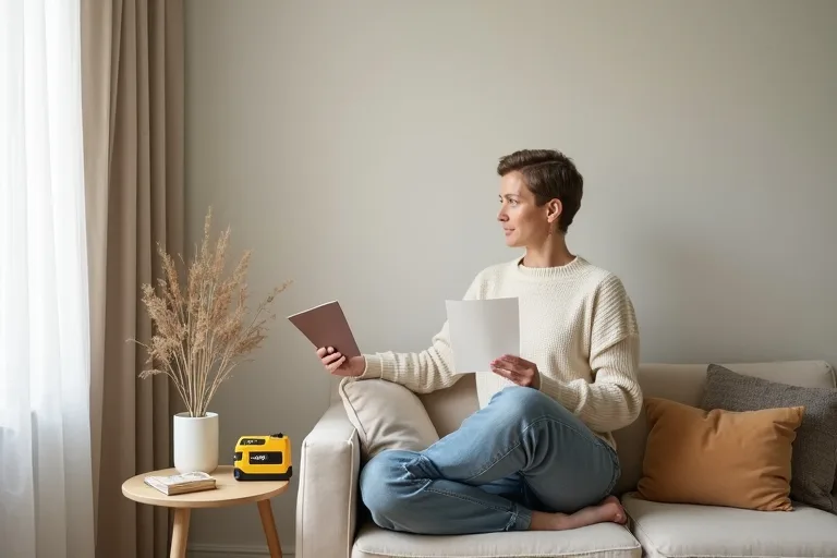 A homeowner measuring a room while comparing whether repainting or replacing makes more sense