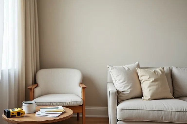 A homeowner comparing paint samples in a lived-in living room while deciding whether to paint or replace