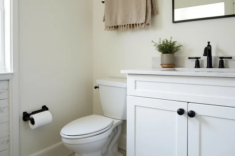 Close view of a practical room update with simple matte black cabinet pulls and a clean, lived-in finish