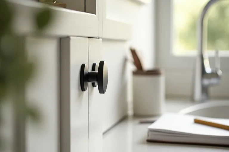 Matte black cabinet pulls on a vanity or cabinet with a practical planning feel.