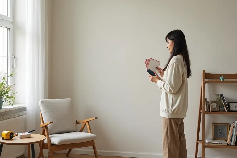 A lived-in room corner with paint samples and a worn wall as the starting point for a paint or replace decision