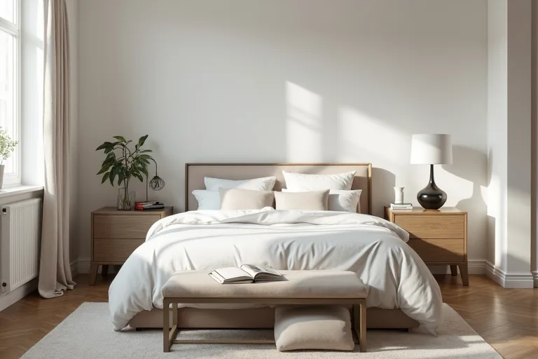 Calm master bedroom with a bed, nightstands, dresser, and hidden under-bed storage in a practical lived-in layout