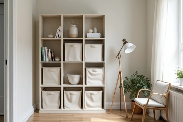 Simple storage styling with a few fabric bins and open cubbies in a small, calm room