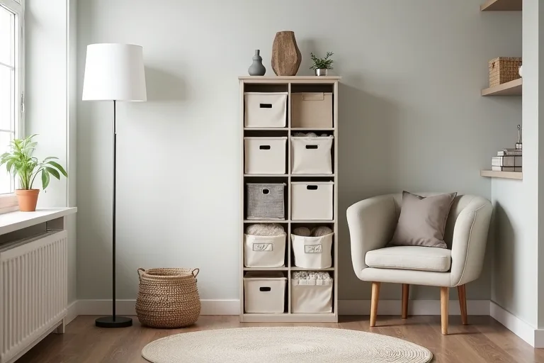 Cube storage with fabric bins used to organize a small room in a calm, practical way.