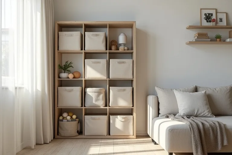 Tall, simple vertical storage in a small room with open floor space and soft neutral styling