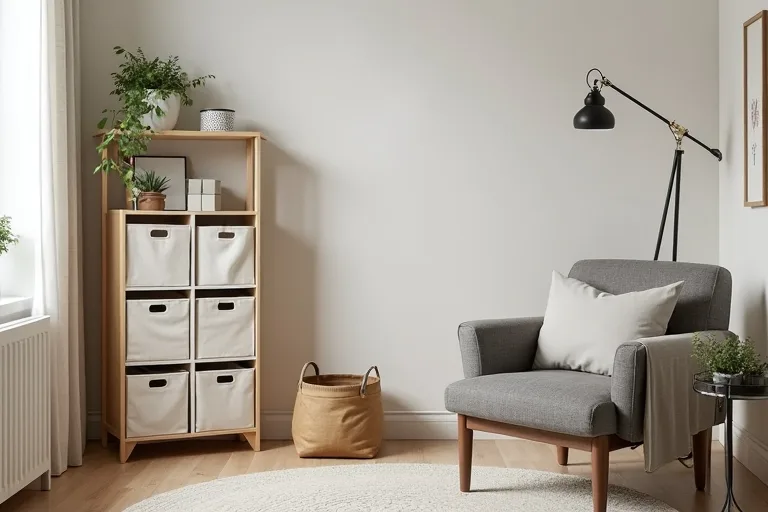 Tall vertical shelving in a small room used to keep floor space clear.