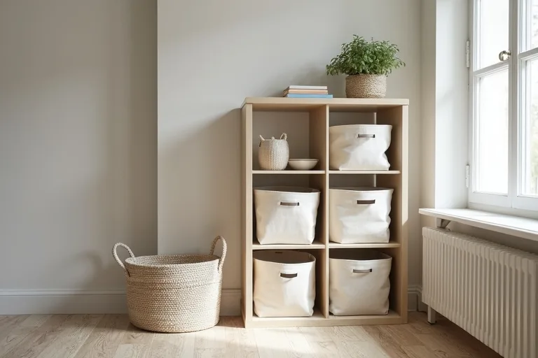 Vertical storage placed neatly beside a wall in a small room with clear walking space