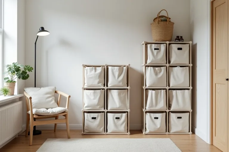 A compact room corner showing how vertical storage can fit beside seating without crowding the floor.