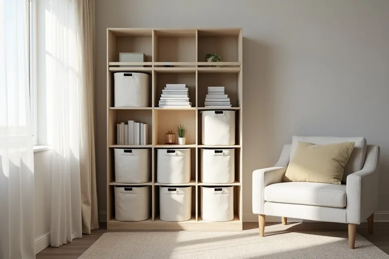 Small room corner with a vertical cube storage organizer and fabric bins in a calm, uncluttered interior