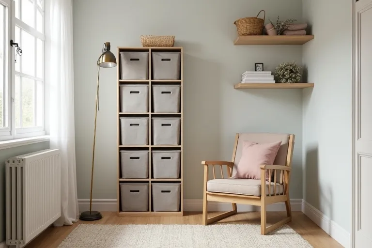 Small living room corner with a tall cube storage organizer, fabric bins, and practical vertical storage.
