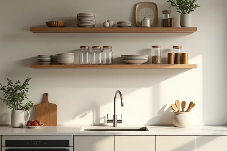 A realistic kitchen shelf arrangement with dishes, jars, and small decorative pieces kept intentionally minimal.