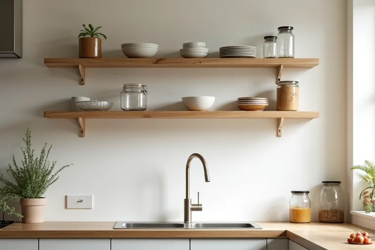Open shelves styled to match nearby kitchen finishes in a calm, lived-in home setting.