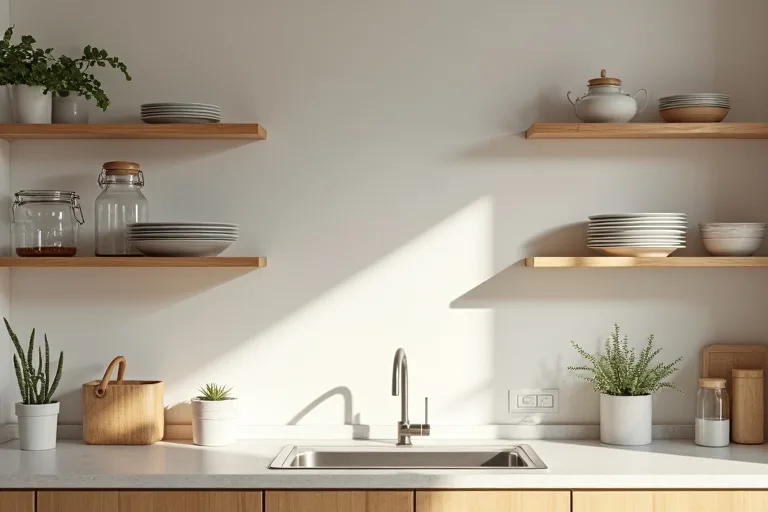 A calm modern kitchen with open shelves, everyday dishes, jars, and a brushed nickel faucet in a realistic home setting.