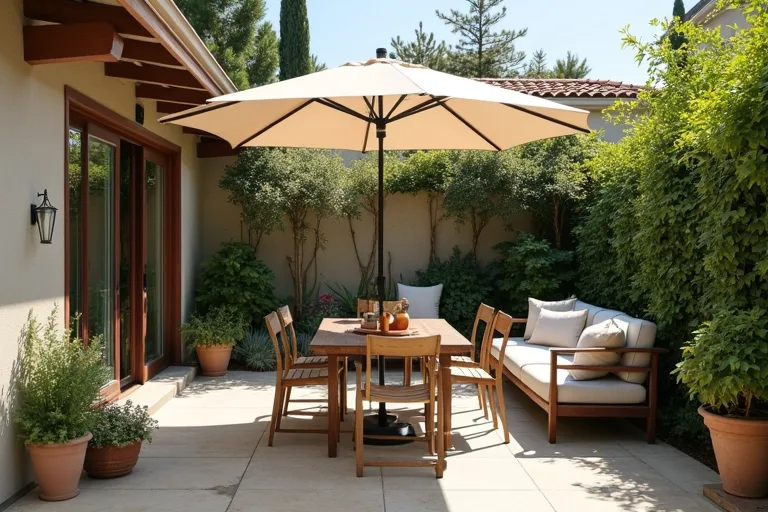 A shaded patio seating and dining area with a neutral umbrella and practical outdoor furniture in a realistic backyard setting.