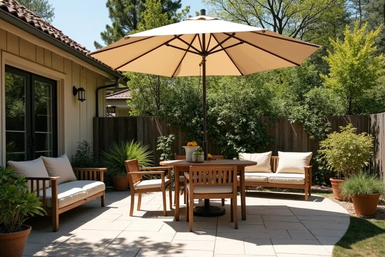 A calm outdoor seating area arranged to work with practical patio shade and furniture placement.