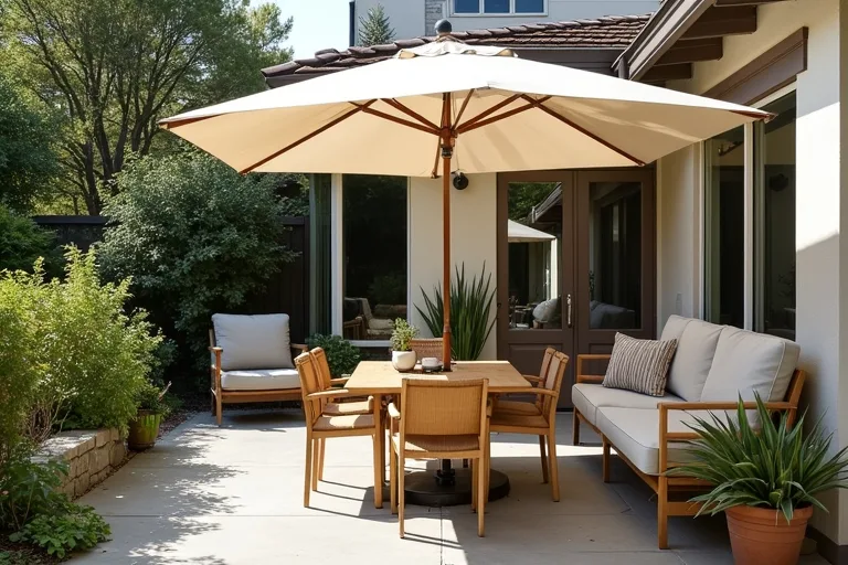 A measured patio layout showing practical spacing for seating, dining, and shade placement.